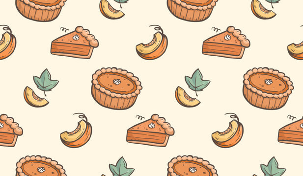 Pumpkin pie doodle background. Pumpkin cake pattern background. Thanksgiving food seamless pattern. Autumn pastry dessert hand drawn pattern with cakes and pumpkin slices.