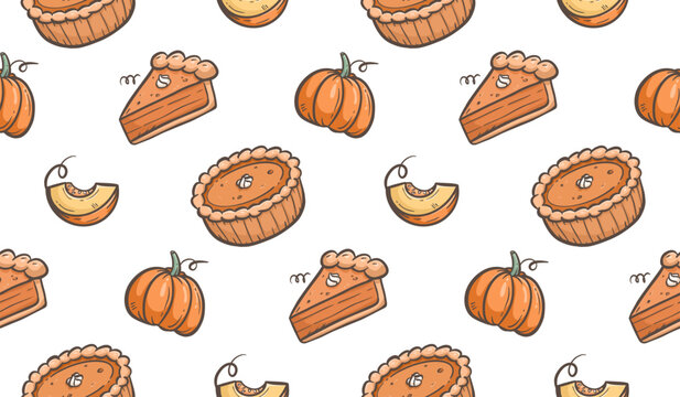 Pumpkin pie doodle background. Pumpkin cake pattern background. Thanksgiving food seamless pattern. Autumn pastry dessert hand drawn pattern with cakes and pumpkin slices.