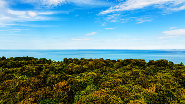 Aerial view of the Great Belt strait bordered by a lush green forest under a clear blue sky in Denmark.