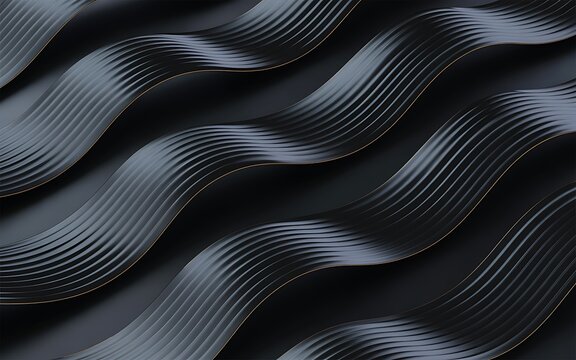 Dark charcoal gray wavy ribbed surface with thin golden-yellow accent lines creating a and abstract background texture with a sense of depth and flow