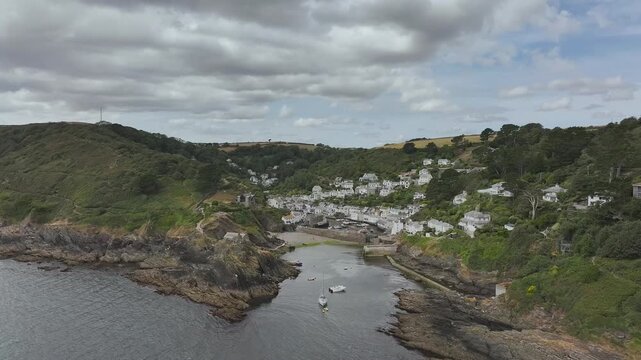 Polperro Harbour and Village from a drone, Polperro, Looe, Cornwall, England