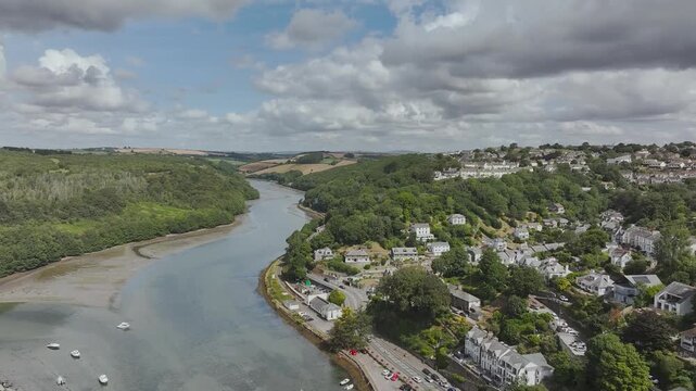 LOOE over River Looe from a drone, Cornwall, England