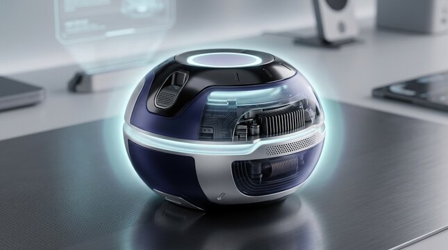 Futuristic spherical smart home device with glowing led accents and visible internal electronic components on a metallic desk surface