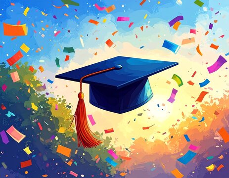 Gradution Cap with Confetti Background, Graduation Day Concept. Generative Ai