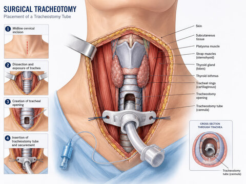 Surgical Tracheostomy Procedure Medical Illustration Showing Tracheostomy Tube Placement