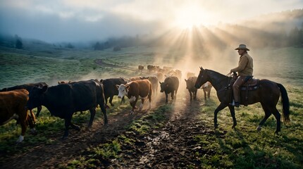 Obraz premium Caucasian cowboy riding horse herding cattle on dirt path. Rancher guiding livestock through morning mist, for agricultural industry.