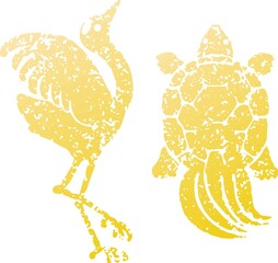 Obraz premium 鶴と亀 版画 判子 手描き 年賀 お正月 縁起物 デザイン 飾り 日本 和風 和柄 モダン イラスト 素材