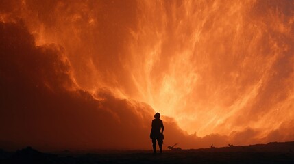 Fototapeta premium Human silhouette entering glowing circular fire ring portal symbolizes ascension transformation and evolution into higher consciousness in abstract concept visual.