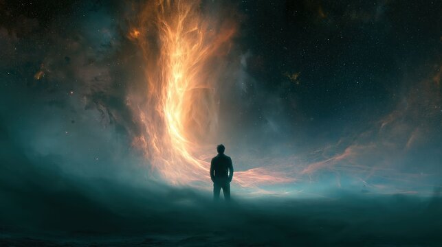 Human silhouette entering glowing circular fire ring portal symbolizes ascension transformation and evolution into higher consciousness in abstract concept visual.
