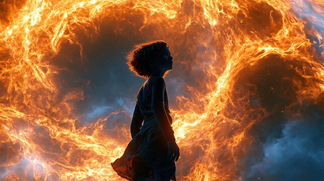 Human silhouette entering glowing circular fire ring portal symbolizes ascension transformation and evolution into higher consciousness in abstract concept visual.