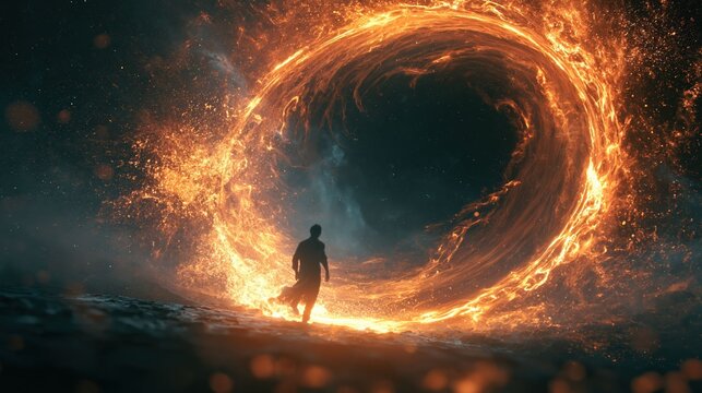 Human silhouette entering glowing circular fire ring portal symbolizes ascension transformation and evolution into higher consciousness in abstract concept visual.