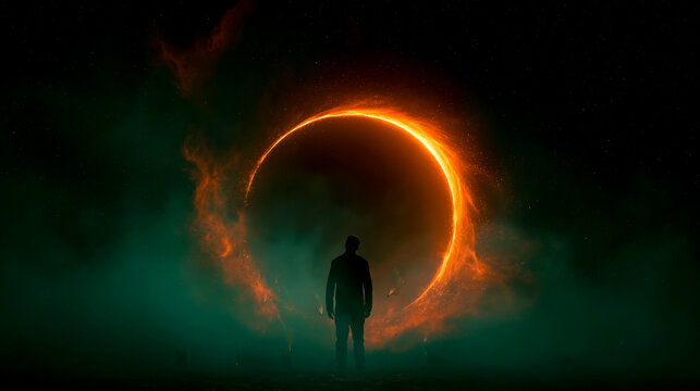 Human silhouette entering glowing circular fire ring portal symbolizes ascension transformation and evolution into higher consciousness in abstract concept visual.