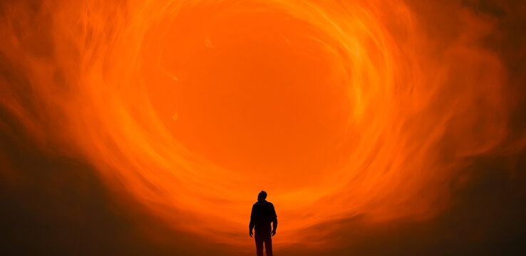 Human silhouette entering glowing circular fire ring portal symbolizes ascension transformation and evolution into higher consciousness in abstract concept visual.