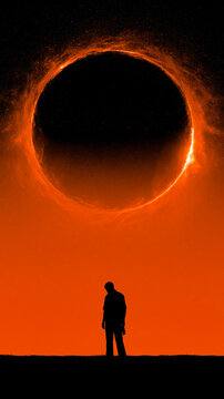 Human silhouette entering glowing circular fire ring portal symbolizes ascension transformation and evolution into higher consciousness in abstract concept visual.