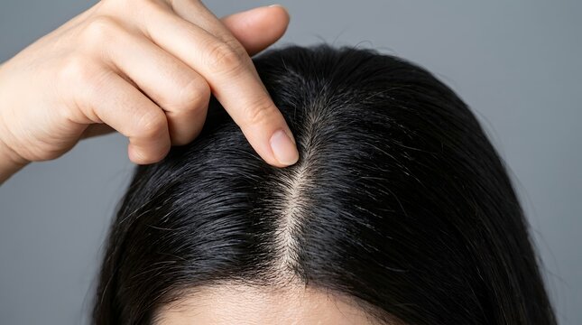 頭皮と髪の分け目を指で確認する女性の頭頂部