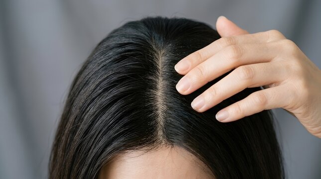 女性の頭頂部の髪の分け目と頭皮のアップ