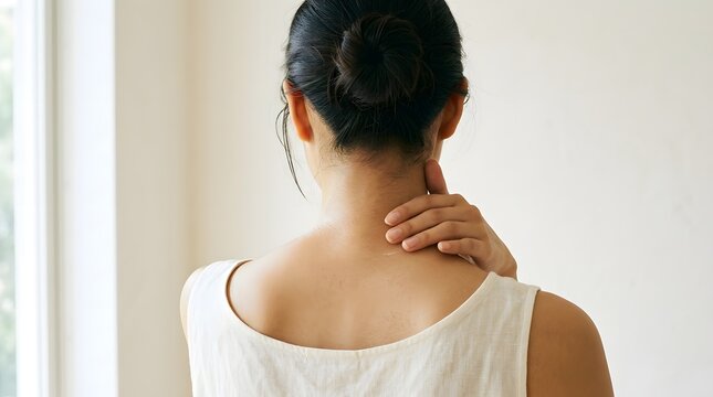 うなじや首の後ろの肌荒れ・かゆみを気にする女性の後ろ姿