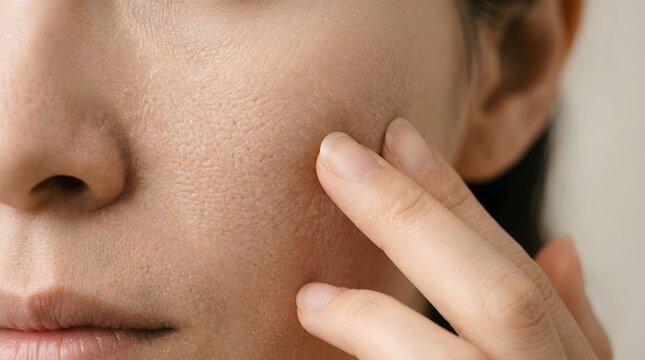 頬の毛穴開き・乾燥・肌荒れを気にする女性の顔クローズアップ