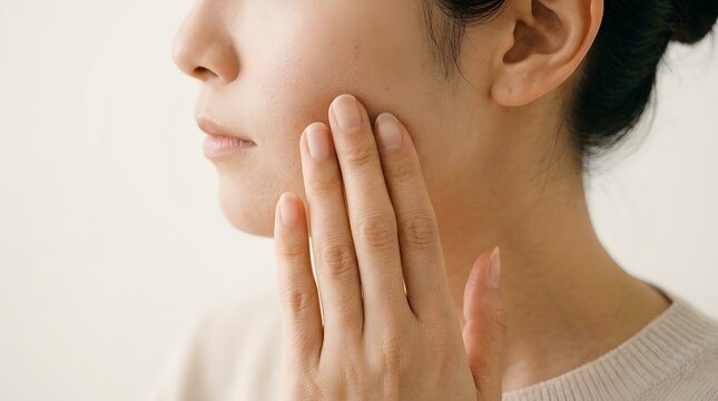 頬の乾燥・肌荒れ・たるみに悩む女性の顔側面クローズアップ