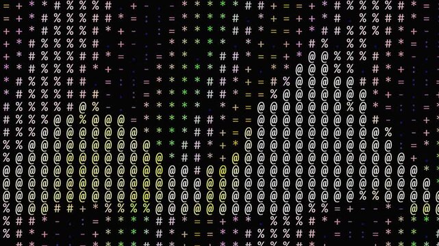Green matrix symbols, white hash marks, plus signs, percent signs on dark background. Suitable for technology, finance, data visualization concepts.