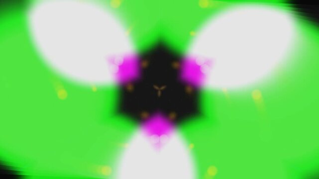 Symmetrical neon green abstract graphic kaleidoscopic pattern with bright white and pink light shapes great for vibrant background designs.