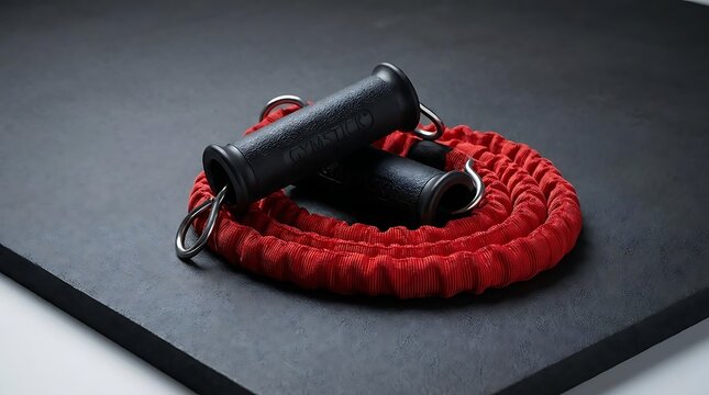 Flame-exercizing gymstick equipment with red resistance band and black handles designed for high-intensity fitness training on a dark textured background
