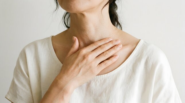 胸元に手を当てて呼吸を整える女性のヘルスケア
