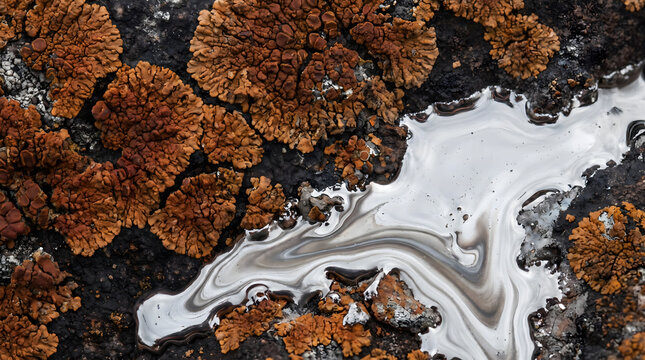 Macro of orange lichen on dark rock beside reflective liquid puddle.