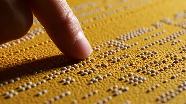 Close up of finger reading Braille on yellow paper.