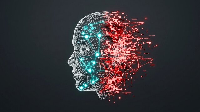 A 3D image with orderly blue neural network cables connected, centered on a firewall
