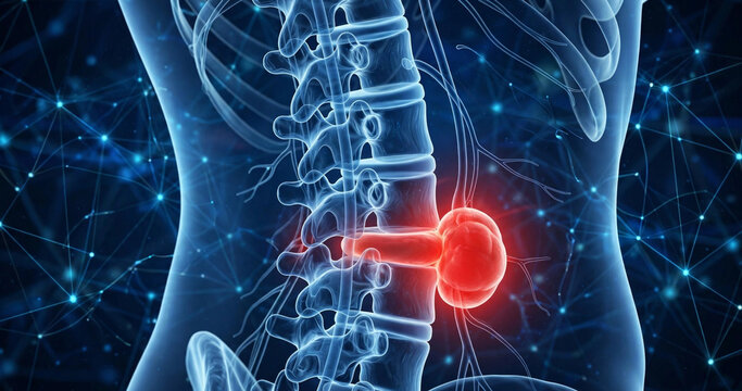 3D lumbar spine herniated disc medical illustration with glowing red bulge
