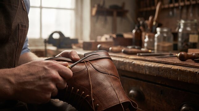 Craftsman meticulously stitches a leather shoe in a traditional workshop setting.