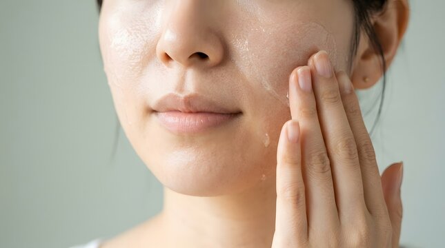 濡れたような肌に美容液を伸ばす女性のスキンケア