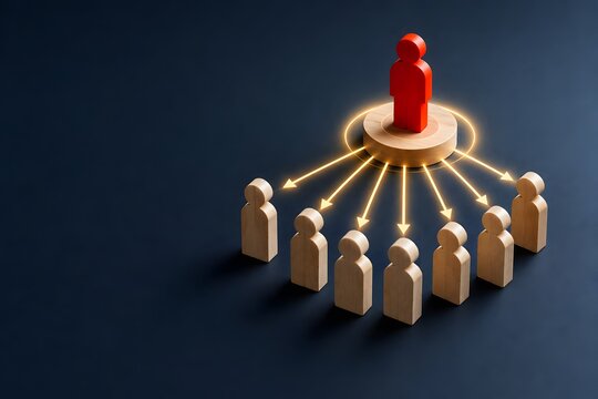 Outstanding leadership and authority concept featuring a red figure directing a team through glowing arrows representing strategic management