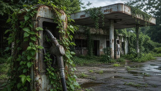 Abandoned gas station overgrown with ivy, rusty pump, cracked concrete, moody sky, forgotten roadside decay, nature reclaim urban ruin