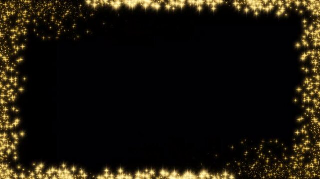 Magical sparkling gold stars moving smoothly on black background, glowing golden dust particles border animation, luxury mockup from shimmer sparkle stars, shiny template backdrop. 4K Loop