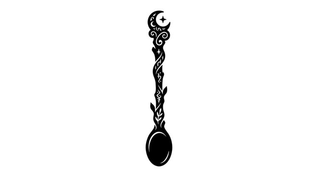Halloween Gothic Crescent Moon Staff Vector. Decorative Celestial Magic Wand. Ornate Black Thorny Skull Wand. Occult Sorcery Stick Design. Elemental Witchcraft Tool. Fantasy Dark Magic Symbol.