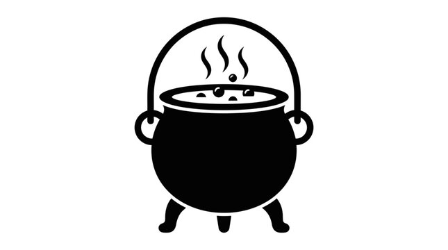 Halloween Witch's Cauldron Pot Icon Vector, Steaming Potion Symbol, Halloween Magic Pot Illustration, Vintage Black Kettle Outline on White vactor