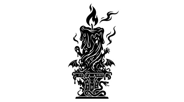 Halloween Black Flame Burning Candle Vector Element. Gothic Occult Dragon Demon Emblem. Halloween Tattoo Flash Sheet Silhouette Art. Mystical Skeleton Skull Ornament and Symbol Design vactor