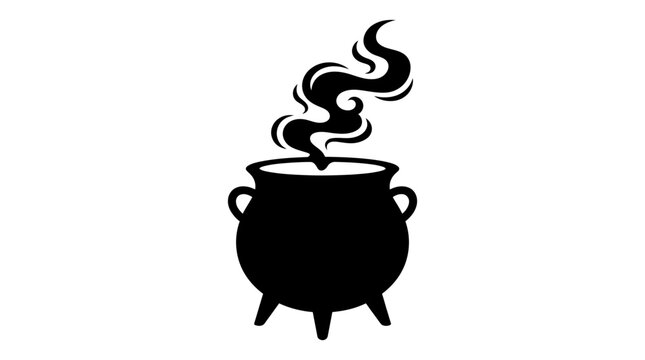 Halloween Black witches cauldron with smoke. Halloween and festival magic icon. Ancient alchemy pot symbol. Spooky silhouette for horror design. vactor