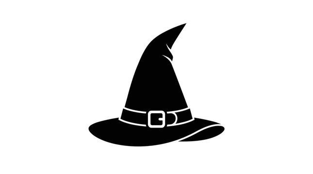 Halloween Halloween witch hat icons. Black magic pointed cap with belt and buckle. Spooky silhouette symbol. Halloween costume accessory emblem and logo design vector vactor