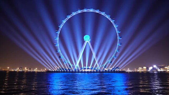 Large illuminated ferris wheel at night with blue lights.