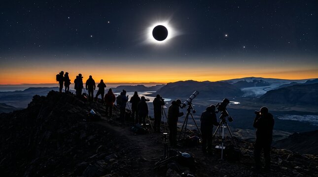 Silhouettes of astronomers and tourists on a rugged volcanic ridge in Iceland looking up at a total solar eclipse through high-tech telescopes, dramatic golden hour horizon blending into cosmic dark
