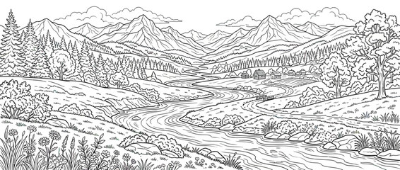 Fototapeta premium Artistic rural landscape line drawing with river and mountains
