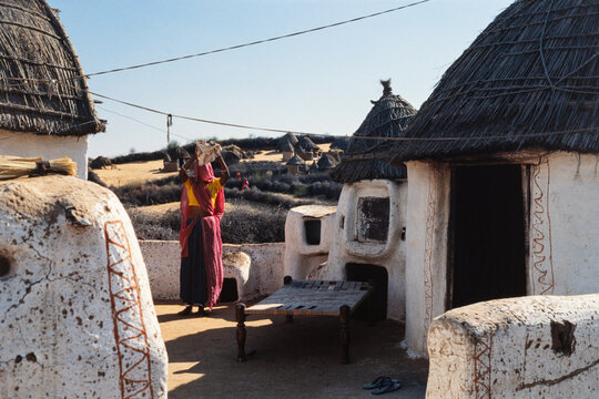 Rajasthan, India - March 1986: View of a traditional Lohar settlement in the Thar Desert