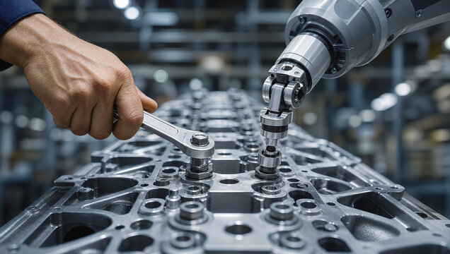 Automation robot human wrench engine factory metal production technology teamwork industry collaboration modern factory showing human hand with