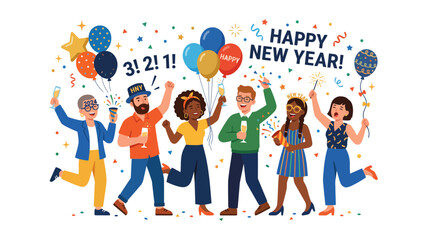 Fototapeta premium Diverse group of friends celebrating New Year with balloons and confetti.