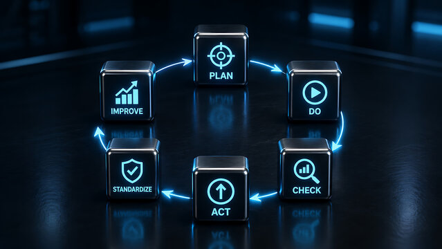 Continuous Improvement Cycle Diagram with Plan-Do-Check-Act Stages for Business Process Management