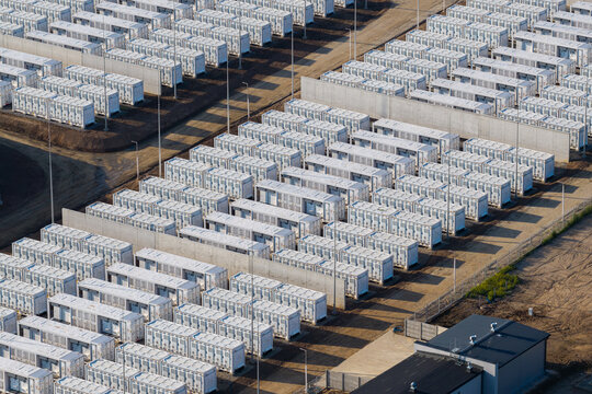 Nowa Wies Elcka, Poland - 17 July 2026: Aerial view of the BESS Elk battery energy storage system featuring rows of white containers arranged in an industrial facility.