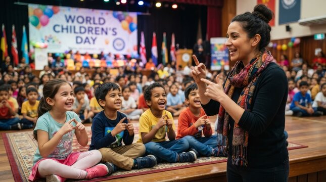 Teacher leading world children's day school assembly for diverse students with children, childhood